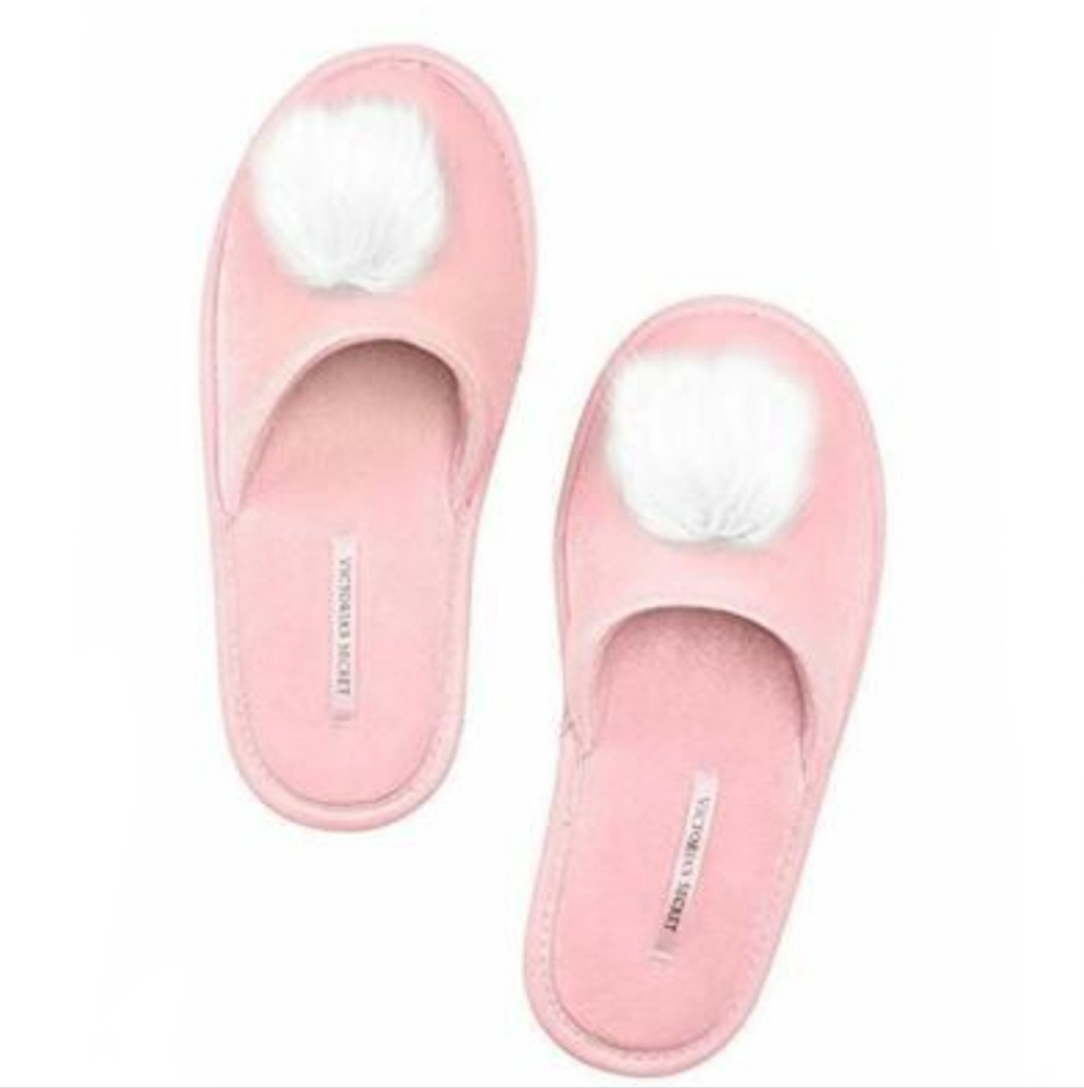 VICTORIA'S SECRET Pink Slippers with White Fur Pom-Pom Accent